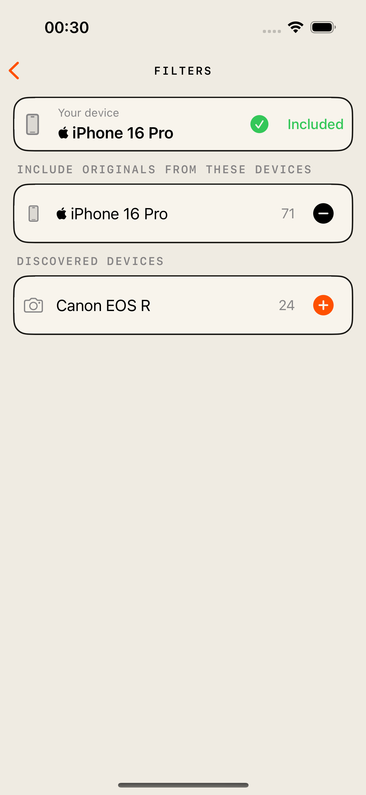 MyOriginals Filters screen for choosing devices to keep visible