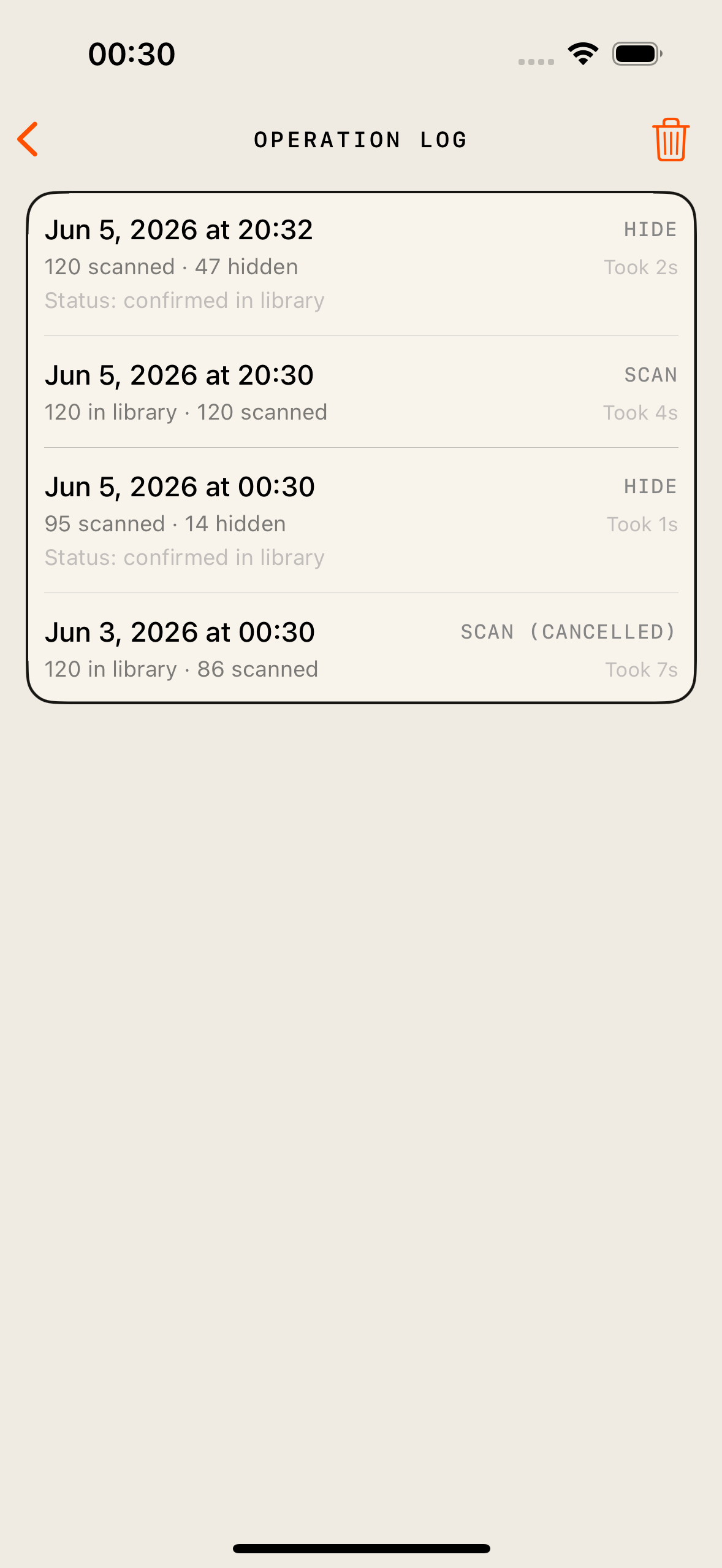 MyOriginals Operation Log screen showing scan and hide history